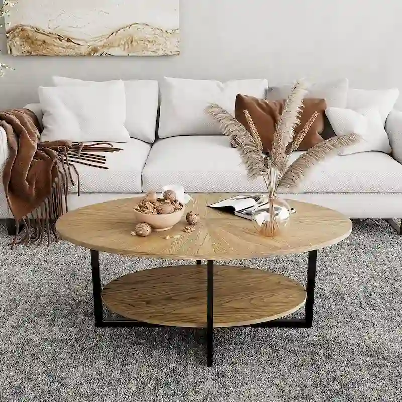 Solid Wood Oval Coffee Table with Cross Metal Legs