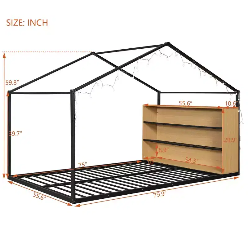 Montessori Floor Bed with Storage Shelf and LED Lights, Metal House Kids Bed, Full Size Black