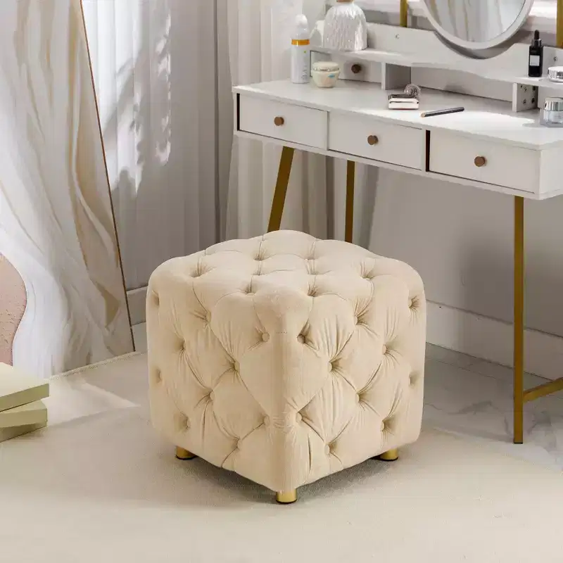 TUYOHW 18 Modern Ottoman Cube with Velvet Upholstered Foot Stool Small Vanity Stool with Wooden Frame Pouf for Living Room, Bedroom, Entryway