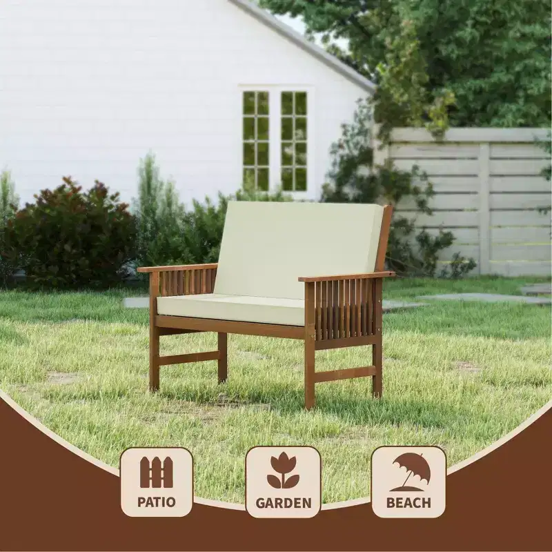 HOMLUX Patio Solid Wood Garden Bench 2-Seat Chair with Seat Cushion & Inclined Backrest