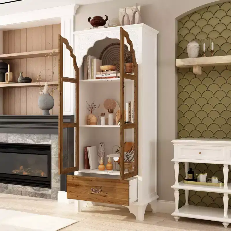 Famapy White Vertical Storage Cabinet Embossed Patterned Arched Glass Doors Bookshelves Display Cabinet Pantry Side Cabinet
