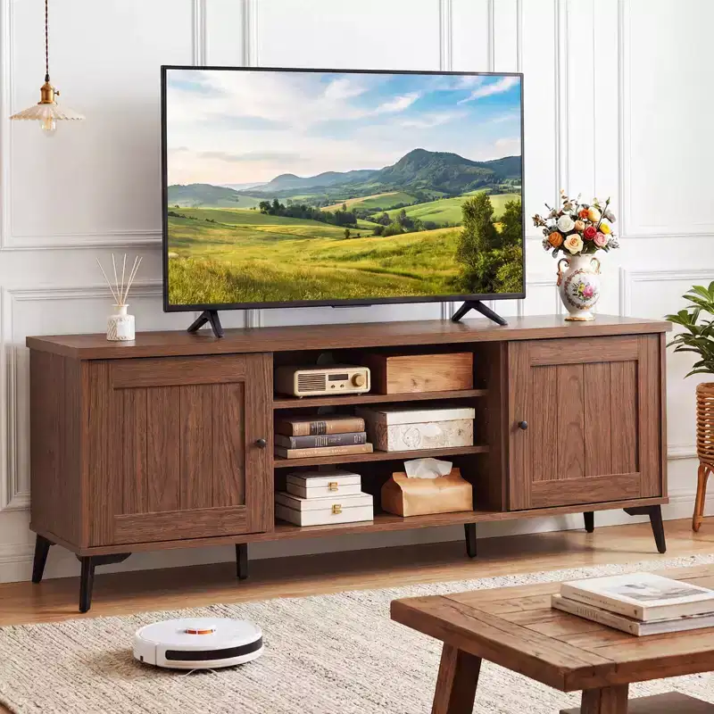 Costway 2-Door TV Stand for TVs up to 65 with 2 Storage Cabinets & 4 Adjustable Shelves Turquoise/Brown