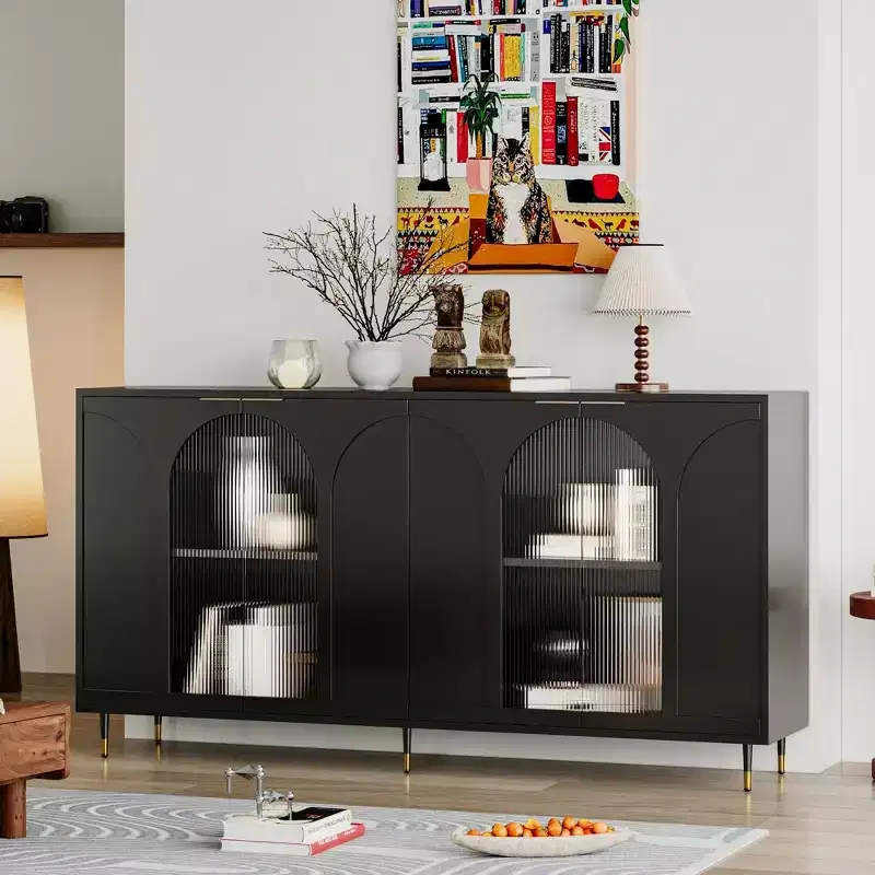 Black Lacquered Cabinet with Fluted Glass Doors