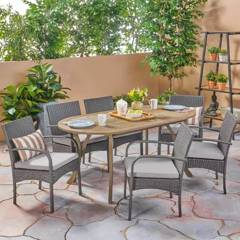 Mason 7pc Acacia Wood & Polyethylene Wicker Dining Set: Christopher Knight Home, Cushioned Chairs