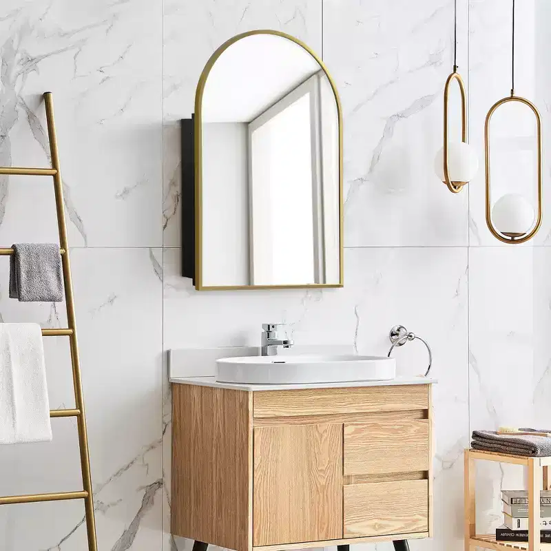 PexFix 36 x 24 Arched Recessed Bathroom Cabinet with Mirror Stainless Steel Frame and 2 Adjustable Shelves Wall Medicine Cabinets Mirrors Gold