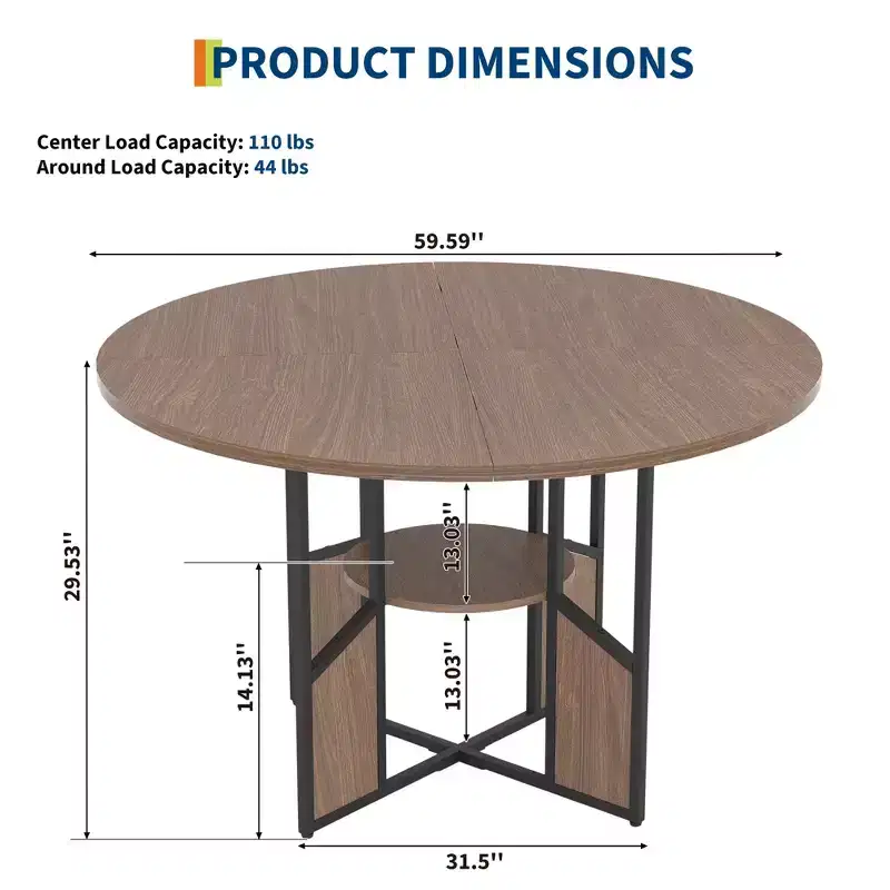 59 Inch Round Dining Table for 46,Circle Kitchen Dining Table with 2-Layer Storage Shelf & Cross Base,Large Round Table with Wood & Iron Frame