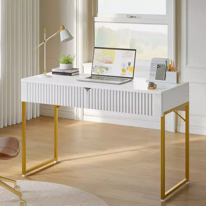 47'' Elegant Fluted Computer Desk, Modern White Makeup Vanity Table & Study Writing Desk with Gold Metal Frame for Bedroom, Office, White