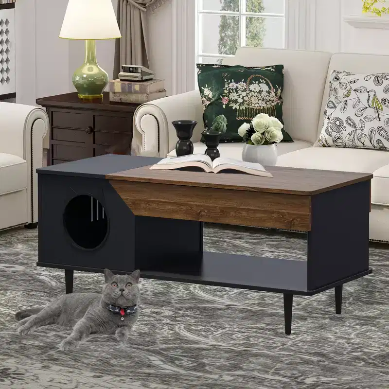 45 Rustic Coffee Table  Multifunctional Cat Furniture with Storage Drawer & Hidden Litter Box for Living Room