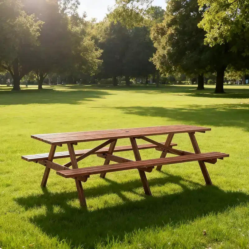 GDFStudio Everfield Outdoor 95-Inch Wooden Picnic Table Set with Built-in Benches and Umbrella Hole