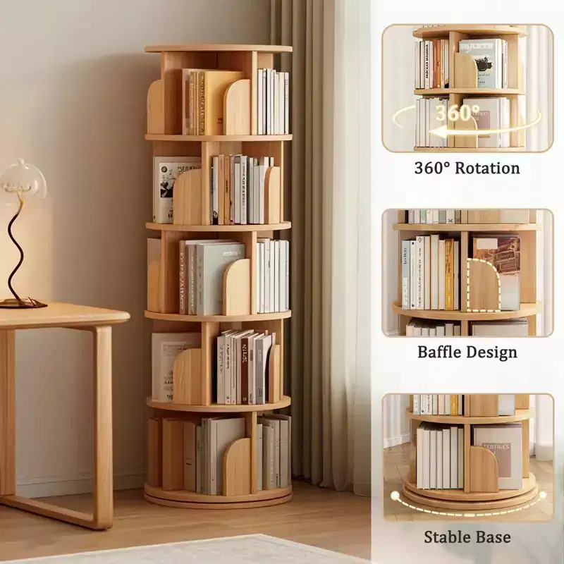 5 Tier Rotating Bookshelf, 360 Display Round Spinning Bookshelf, Double-Layer Base Design Space-Saving Rotating Bookshelf Tower