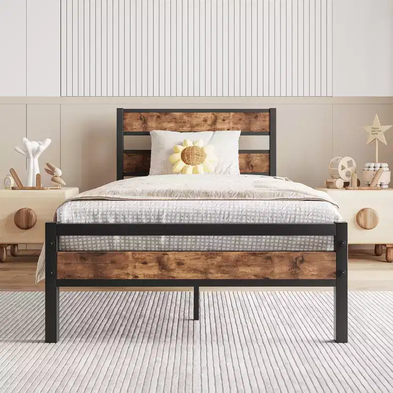 CLIHOME Platform Bed Frame with Rustic Vintage Wood Headboard, Strong Metal Slats Support, No Box Spring Needed