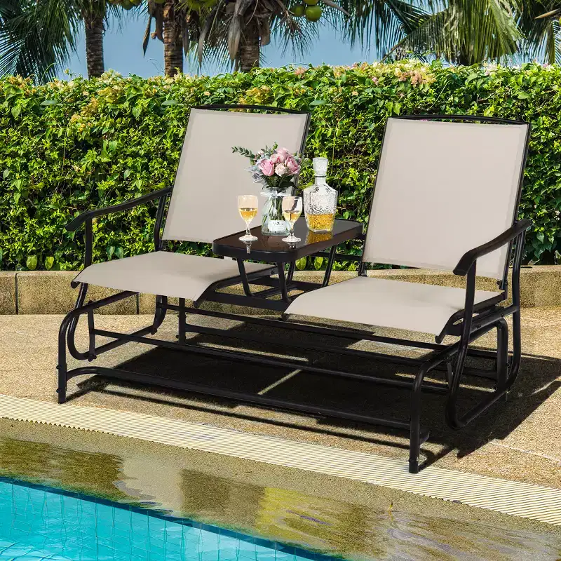 Costway 2 Person Patio Double Glider Steel Frame Loveseat Rocking with Center Table