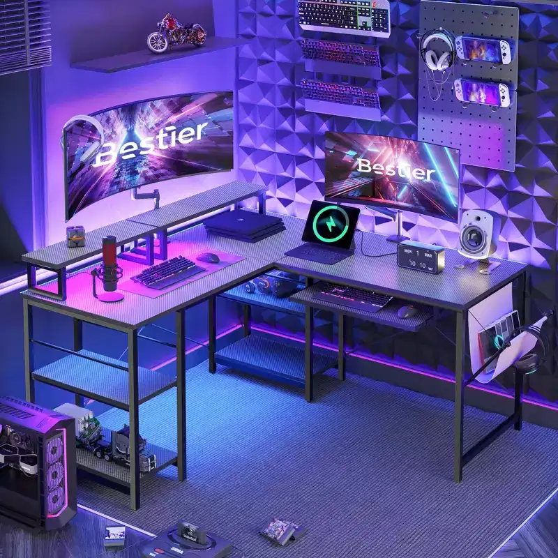 Bestier 60 L Shaped Gaming Desk with Monitor Stands & Keyboard Tray, 2 Person Long Table with Shelves, RGB Corner Work Station PC Gamer Computer Desk