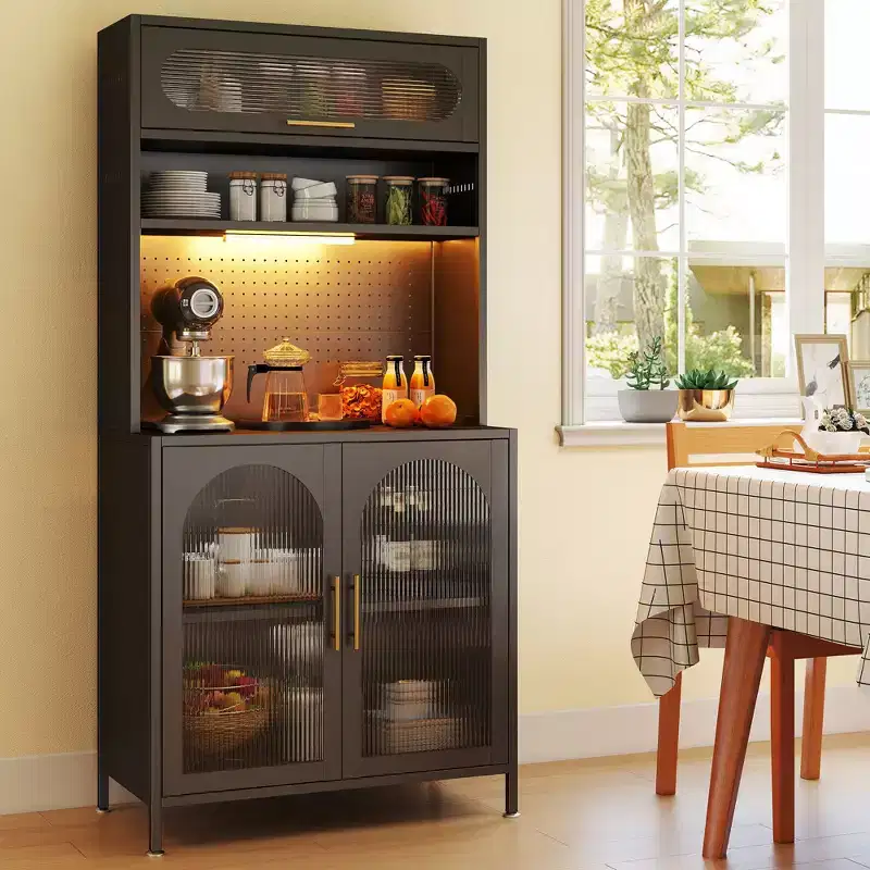 LED-Lit 66 Metal Kitchen Pantry Cabinet, 5-Tier Food Storage with Adjustable Shelves & Hutch Rack for Kitchen/Dining
