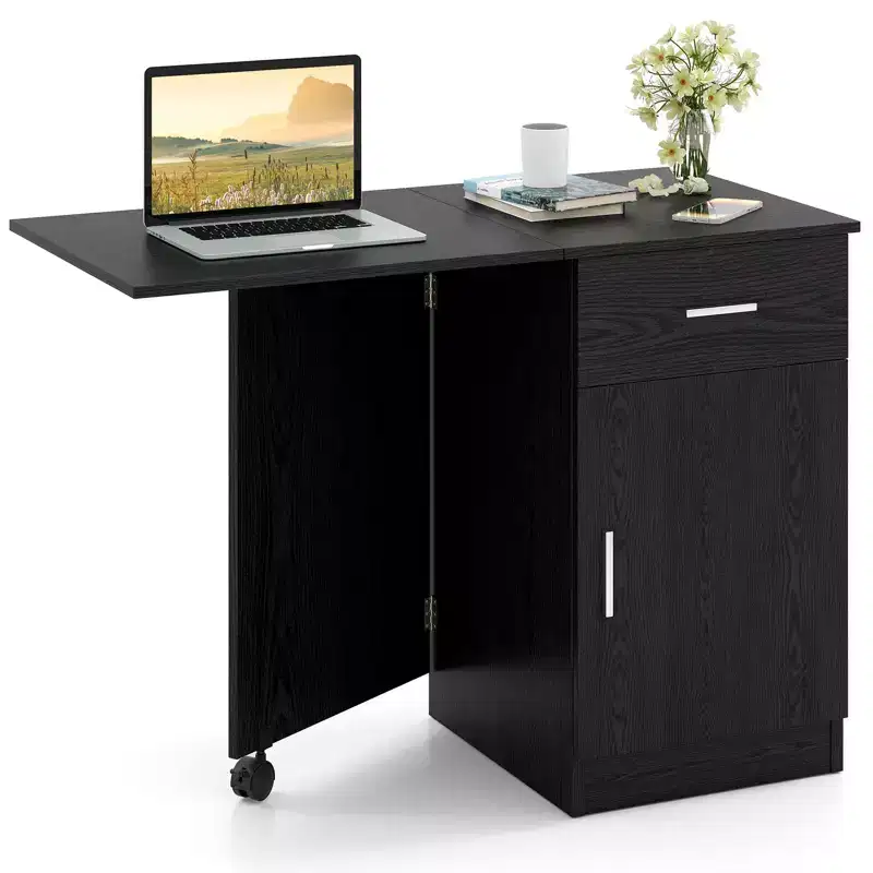 Costway Folding Computer Desk with Drawer Cabinet & Adjustable Shelf Wheel for Living Room, Black/White
