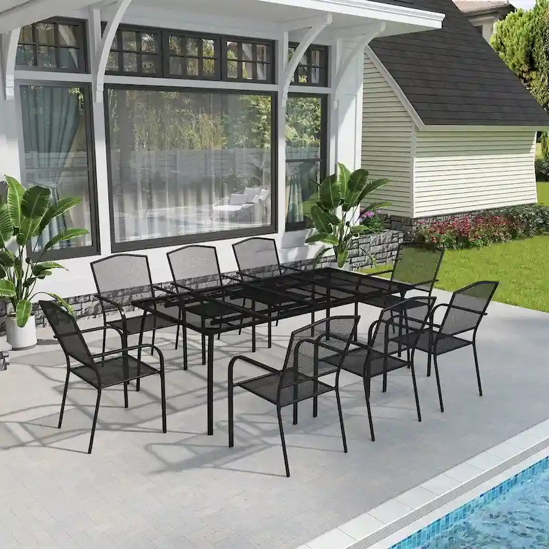Rectangular iron mesh table with chair (set of 9)