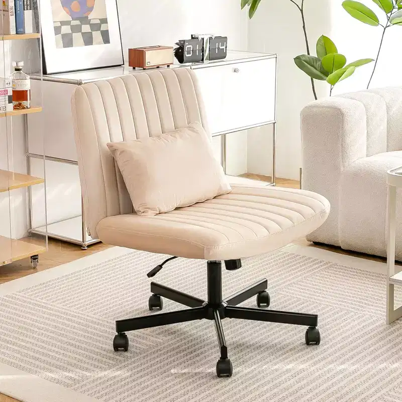 Modern Adjustable Armless Home Office Desk Chair with Criss Cross Legs,Velvet/Linen Swivel Task Chair for Office,Study,Studio