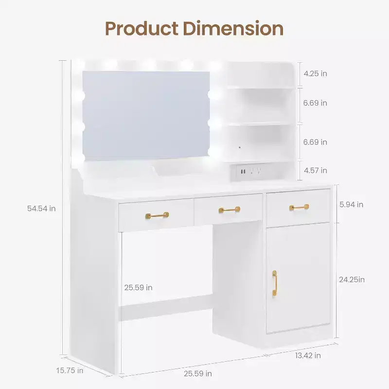 Makeup Vanity Desk with Mirror, Charging Station, 3 Drawers, Cabinet & Open Shelves, Dressing Table for Bedroom, White
