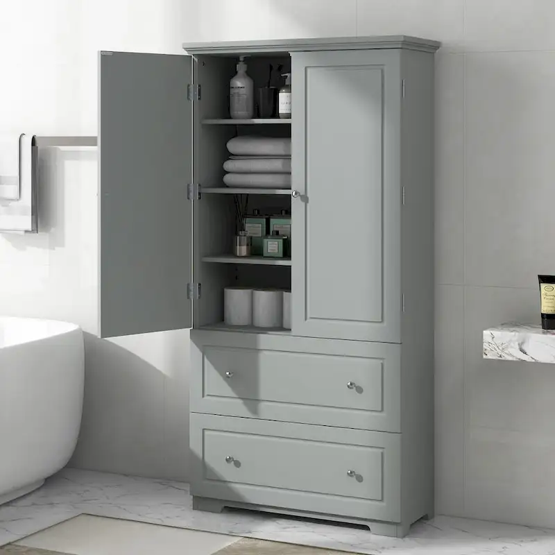 Gray Freestanding Storage Cabinet with 2 Drawers, 2 Doors & Adjustable Shelves