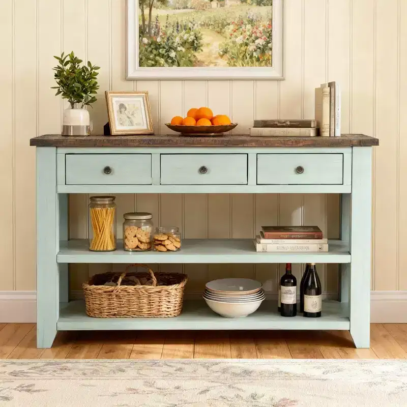 48'' Solid Wood Top Console Table with 3 Storage Drawers and 2 Shelves, Retro Blue and Brown Top