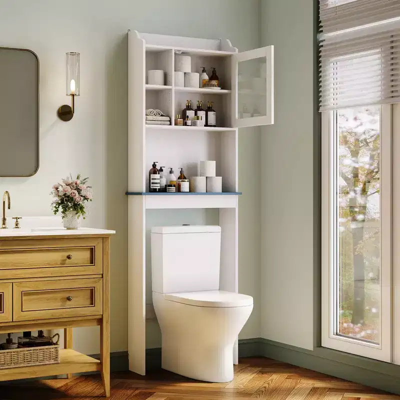 Acekool Over The Toilet Storage Cabinet, Adjustable Shelves, Tempered Glass Doors, White Bathroom Organizer for Small Spaces
