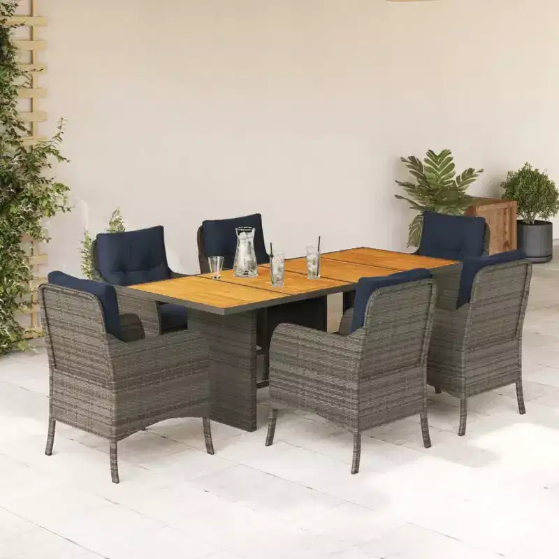 vidaXL 7-Piece Outdoor Dining Set - PE Poly Rattan and Acacia Wood Table, Navy Cushions, Grey, Weather-Resistant, Comfortable
