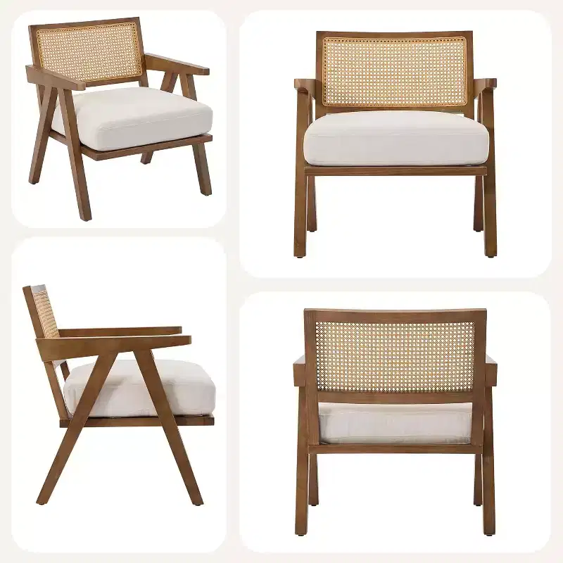 GustoWave 2-Piece Modern Lounge Chair Set with Wooden Legs, Rattan Backrest and Padded Seats