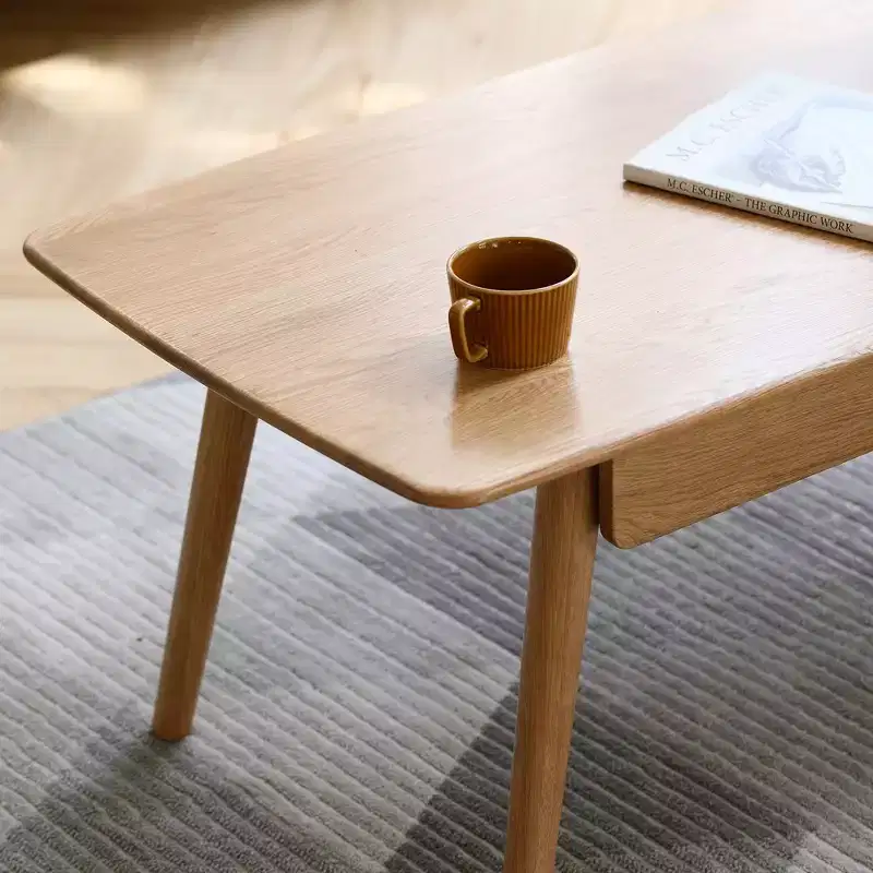Solid Oak Wood Coffee Table with Drawers & Open Shelf, 39.37