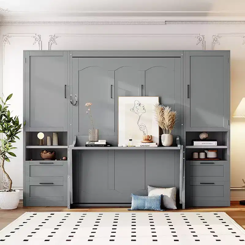 Whisen Modern Design Queen Size Murphy Bed Wall Cabinet Bed, Folded into a Cabinet with Closet, Drawers and Shelves