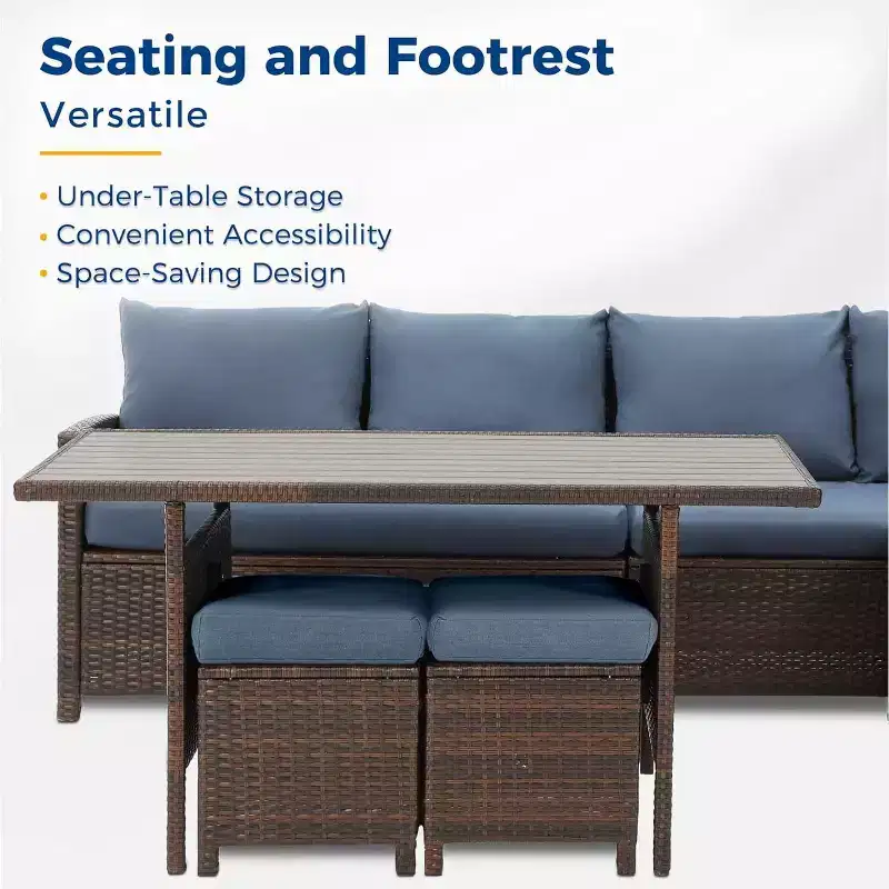 Heynemo 7 Piece Patio Furniture Set with Dining Table and Chair, All Weather Wicker Conversation Set with OttomanHigh Curved Back Outdoor Furniture