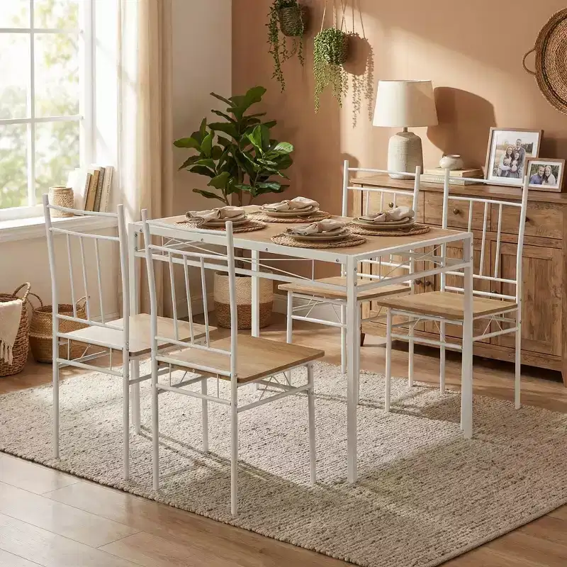 FurnitureR 5-Piece Dining Table Set with 4 Chairs, Space Saving Kitchen Dining Set, Metal Frame Wood Top, Easy Clean for Home Restaurant Classroom