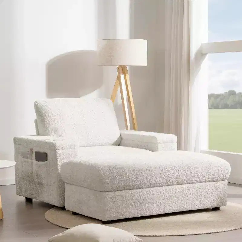 Oversized Faux Rabbit Fur Chaise Lounge with Storage Ottoman and Armrests, Upholstered Sleeper Sofa Bed with Cup Holders