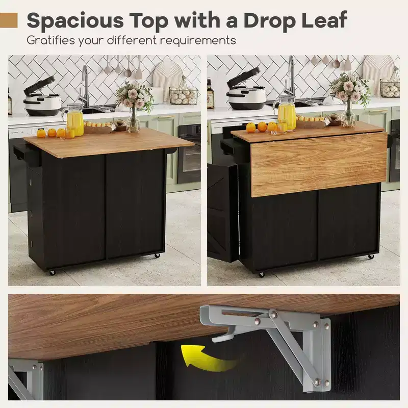 Costway Rolling Kitchen Island Kitchen Island Cart with Drop Leaf Trash Can Cabinet Black/White
