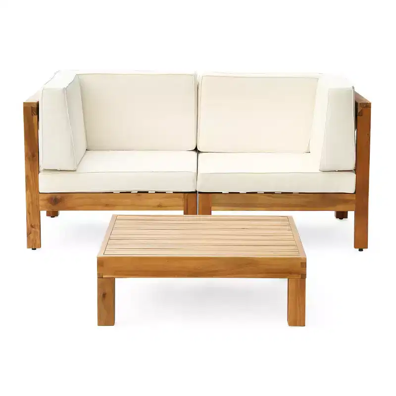 GDFStudio Keith Outdoor Acacia Wood Loveseat and Coffee Table Set with Cushions, Teak/Beige