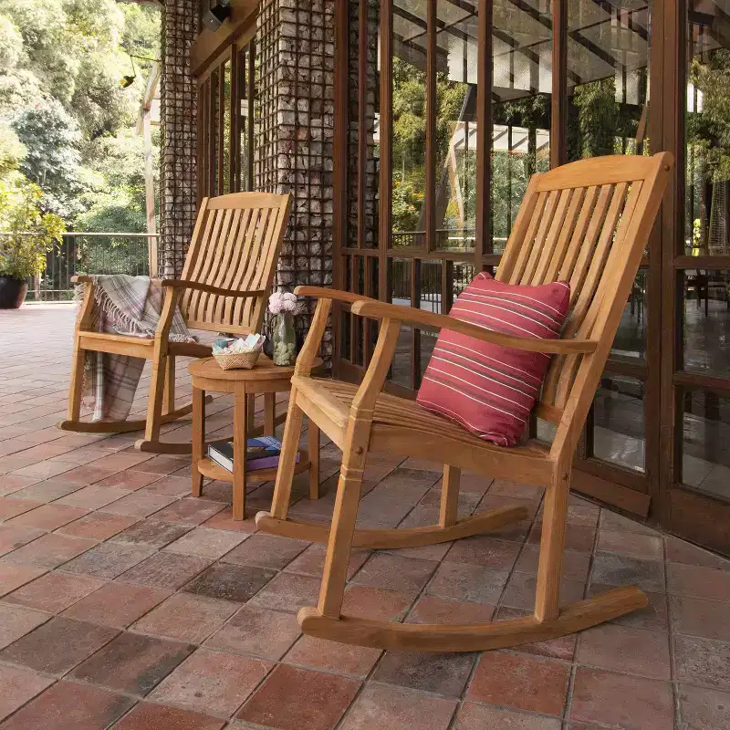 Sonoma Lane Channing 3pc Teak Outdoor Chat Set – Weather-Resistant Small-Space Furniture with 2 Rockers and Accent Table