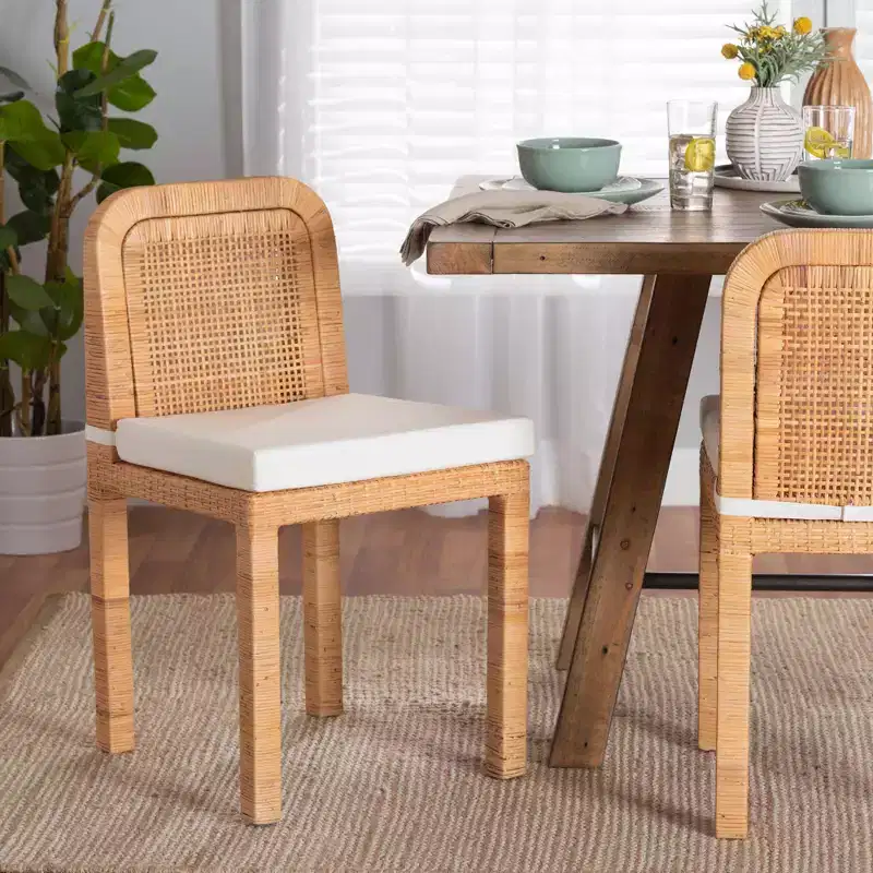 Rattan And Mahogany Wood Dining Chairs White/Natural Brown - Handcrafted, Cushioned, No Assembly Required