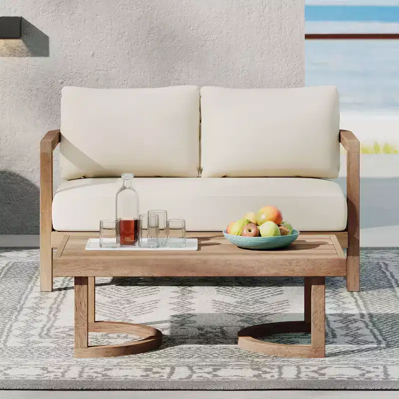 GDFStudio Aston Outdoor Acacia Wood Loveseat and Coffee Table with Cushions