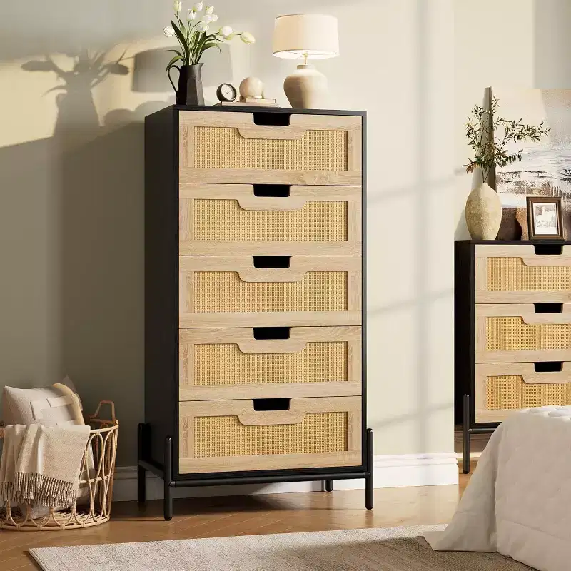 Natural Rattan 5 Drawer Dresser, Wooden Chest of Drawers, Farmhouse Storage Cabinet with Metal Legs for Bedroom, Living Room
