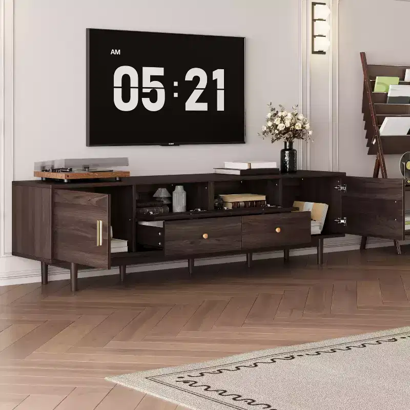Modern 76 Wood TV Stand with Drawers and Rattan Storage Cabinet