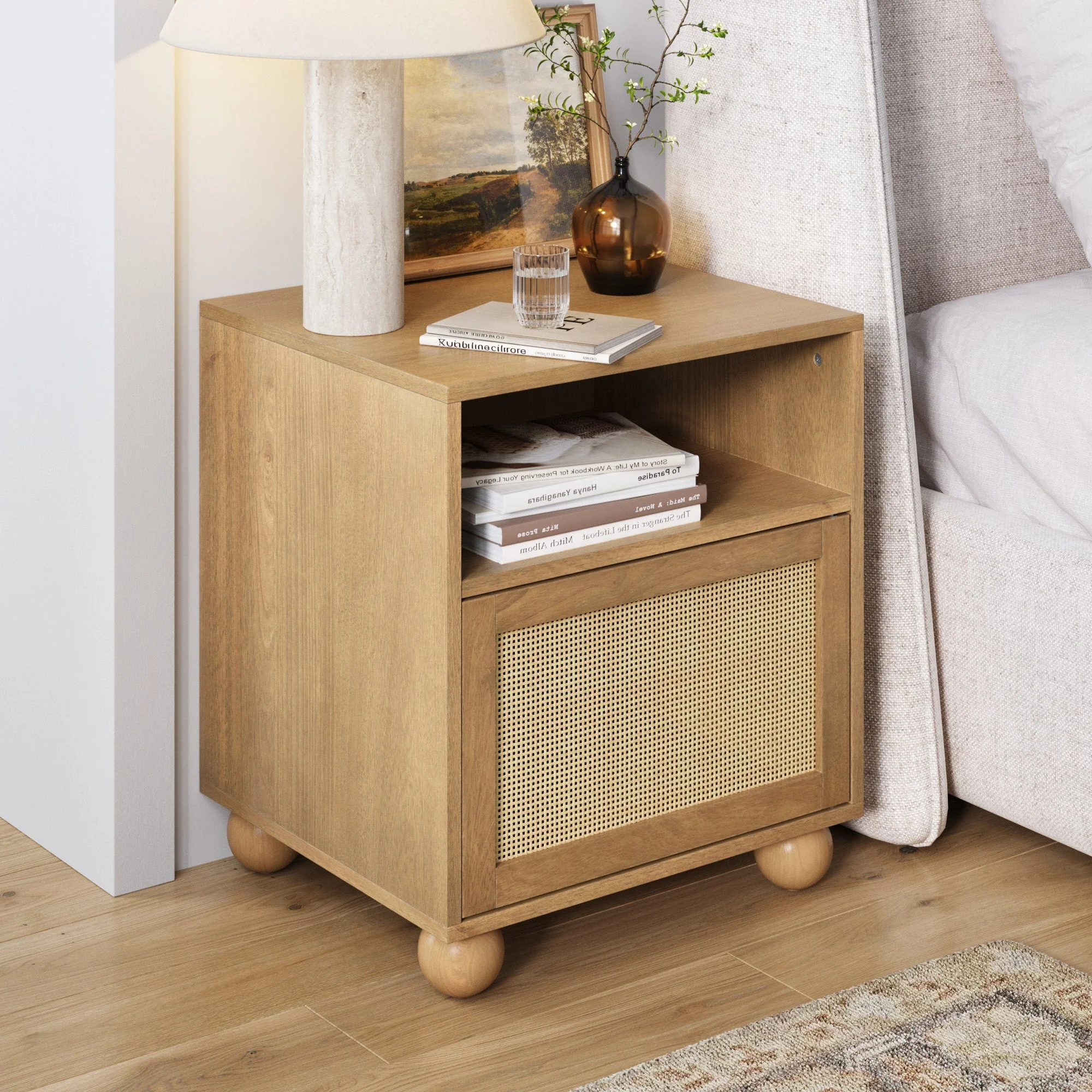 Coastal Rattan & Wood Nightstand with Storage