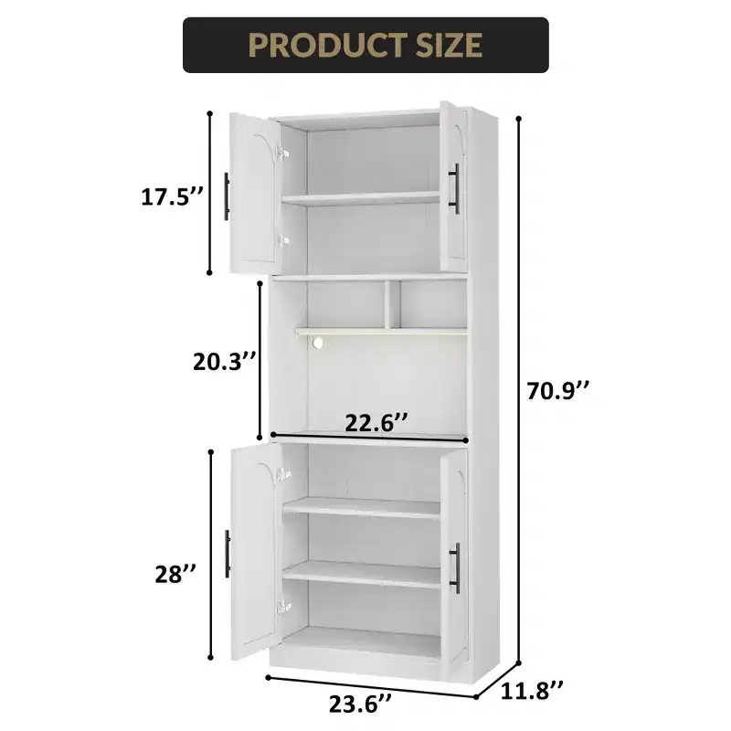 71.9Tall Arched Bookshelf, 7 Tier Farmhouse Wood Storage Cabinet with RGB Light, Barn Doors & 2 Open Shelves, for Living Room, Dining Room, Bathroom