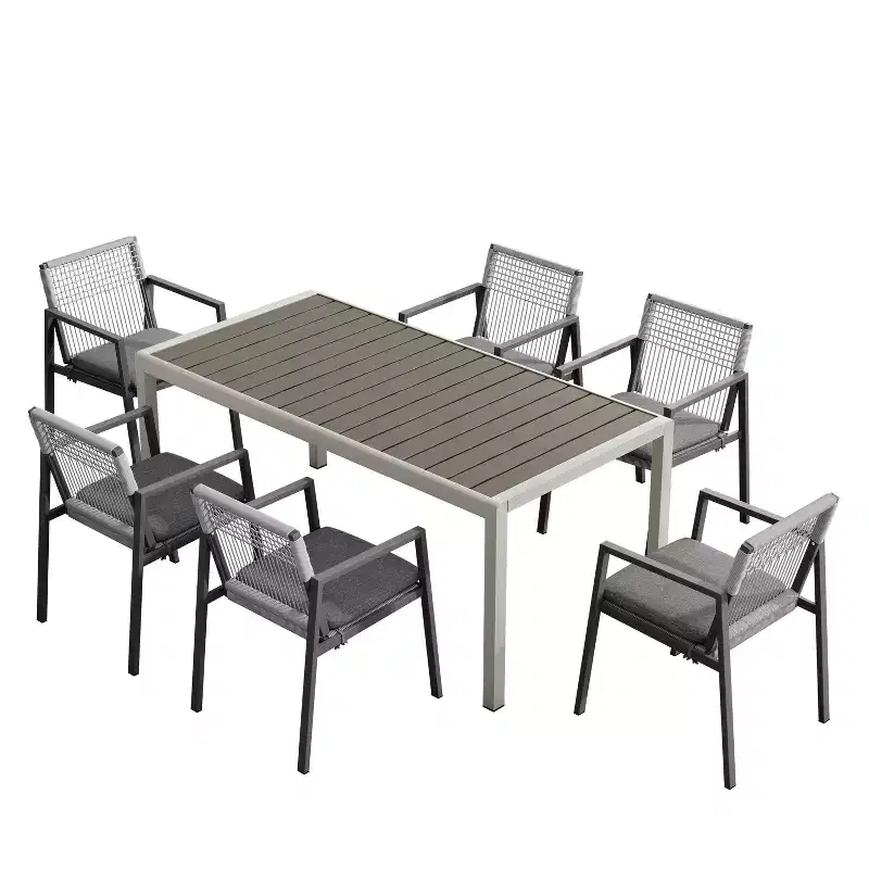 Christopher Knight Home Brooks 7 pcs Outdoor Aluminum and Wood Dining Set with Woven Rope, Gray/Black/Silver