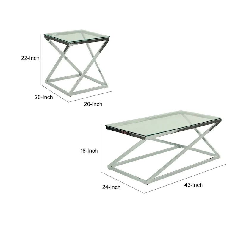 Gen Coffee and End Table Set of 3, Tempered Glass Top, Chrome Metal Base