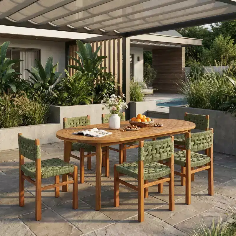 Christopher Knight Home Synci Modern 7 Piece Patio Acacia Dining Set with Slatted Table and Wicker Design