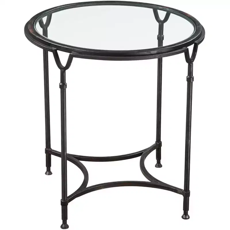 Modern Steel Round Accent Side End Table 24 1/2 Wide Aged Black Clear Glass Tabletop For Living Room Bedroom Entryway