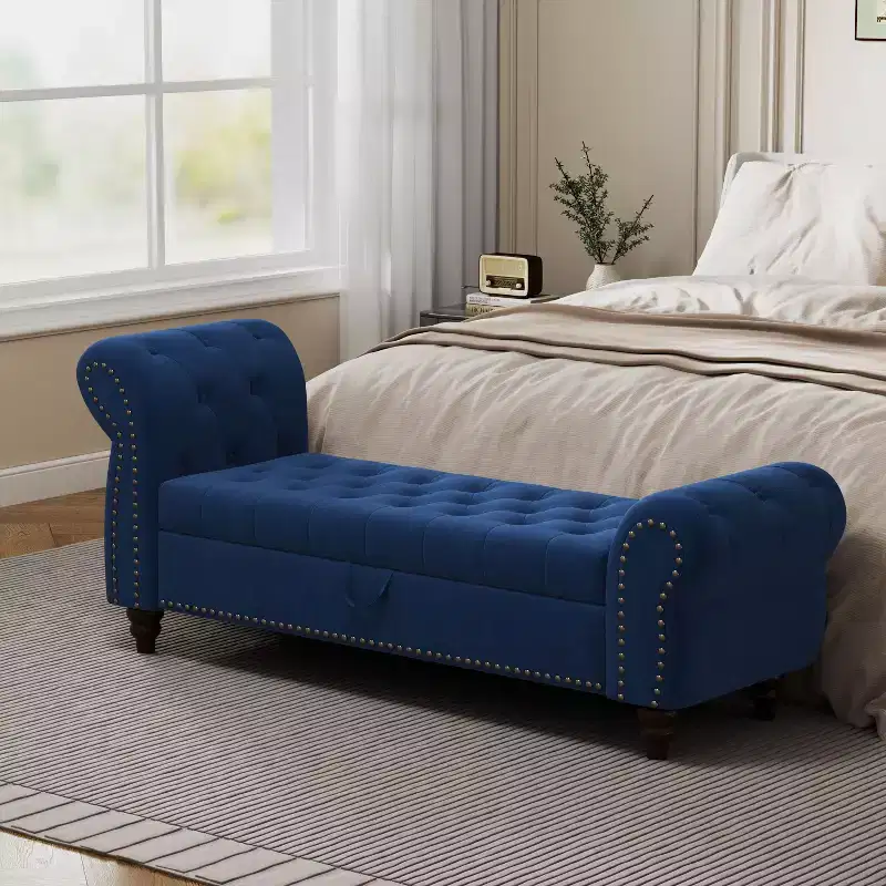 TUYOHW Bed Bench for Bed Room Nails Tufted Chaise of Lounge with Storage Upholstery Bench, Navy Blue
