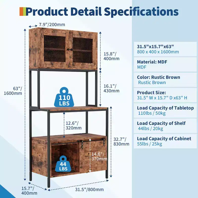 63 Industrial Microwave Stand with Cabinets & Charging Station,5-Tier Kitchen Bakers Rack for Dining Room, Living Room, Apartments