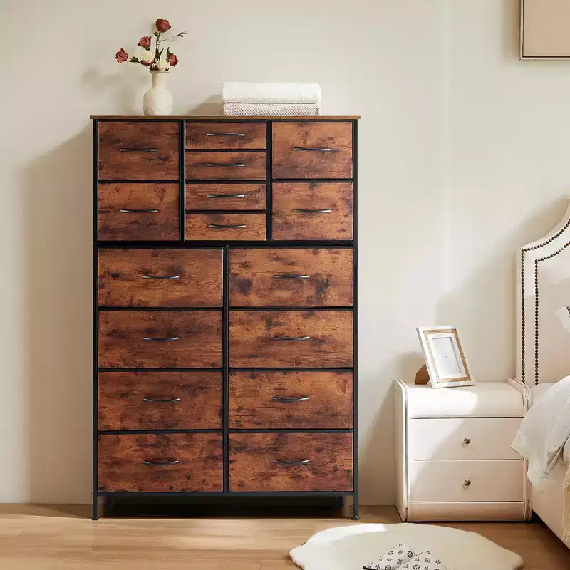 TUYOHW Tall Storage Dresser with 16 Drawers,Wooden Top Sturdy Steel Chest of Drawers for Closets and Bedroom,3-Sized Drawers,35lbs Capacity