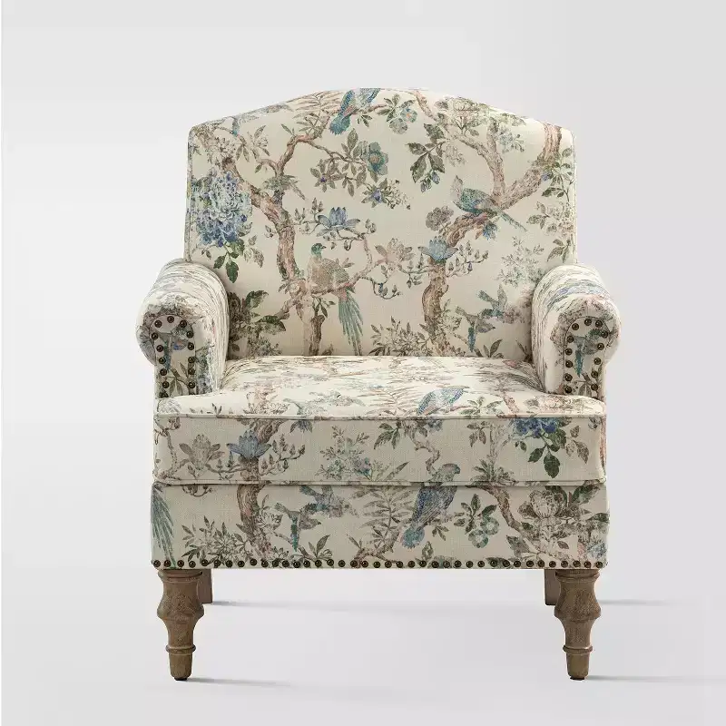 Wooden Upholstered Floral Pattern Armchair with Panel Arms and Camelback
