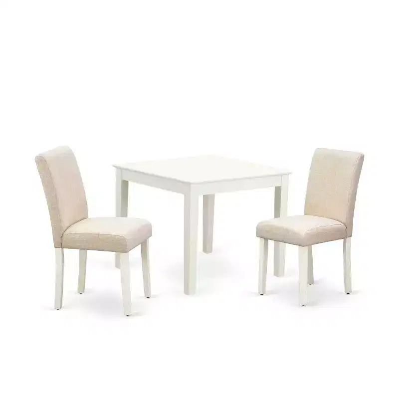 Square Kitchen Table Set with Chairs - 36 Inch Dining Table & 2 Parson Chairs - Linen White Legs, Light Beige Fabric